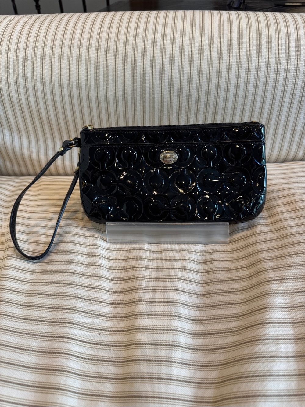 Coach Black Patent Wristlet with Signature C Embossing and Silver Logo